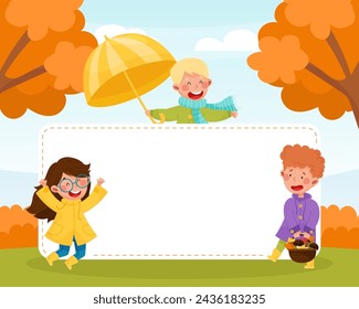 Happy Boy and Girl Enjoy Fall Season Bright Empty Card Vector Template