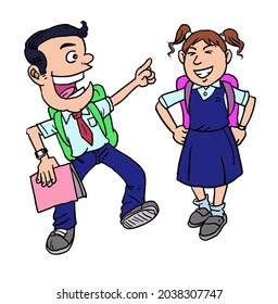 Happy boy and girl go to school