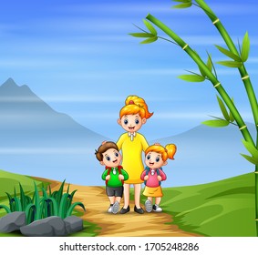 Happy boy and girl going to school with their mom