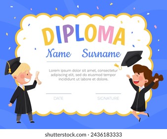 Happy Boy and Girl in Graduation Gown and Cap at Certificate Design Vector Template