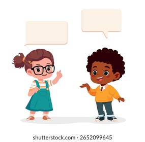 happy boy and girl having a dialogue with speech bubbles cartoon vector illustration