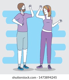 happy boy and girl with headphones and mp4