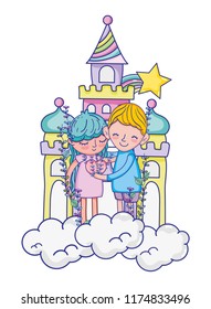 happy boy and girl with heart in the castle