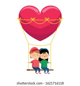 happy boy and girl in hearts swing over white background, colorful design, vector illustration