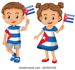 Happy boy and girl holding flag of Cuba illustration