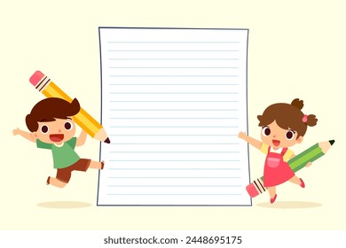 Happy boy and girl holding pencil beside blank paper.