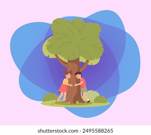 Niño y niña feliz abrazando Ilustración vectorial plana del árbol. Niños lindos que pasan tiempo en el bosque o el parque juntos. Naturaleza, amistad, medio ambiente, ecología, concepto de protección