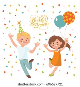 Happy boy and girl are jumping. Birthday greeting candies and balloons.  Happy children are running.