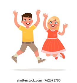 Happy boy and girl are jumping. Happy event. Vector illustration in a cartoon style