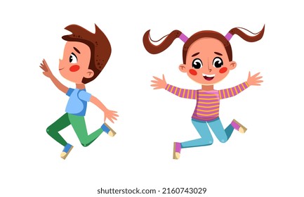 Happy boy and girl jumping. Funny kids having fun together cartoon vector illustration