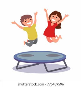 Happy Boy And Girl Jumping On The Trampoline. Vector Illustration