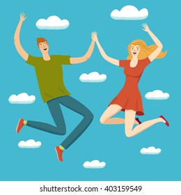 Happy boy and girl jumping together in the skies. 
Feelings of lightness, happiness, carefree, joy,love, friendship. Cartoon illustration for your design.