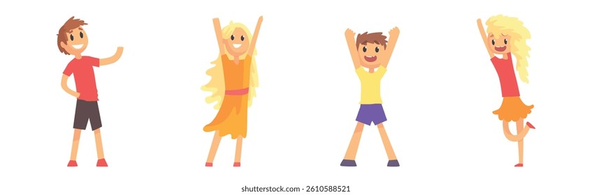 Happy Boy and Girl Kid Cheering and Rejoice Vector Set