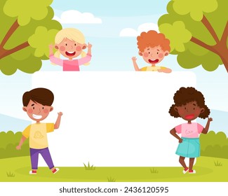 Happy Boy and Girl Kid at Empty Banner Design Vector Template