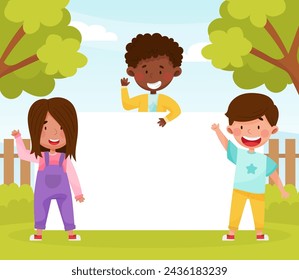 Happy Boy and Girl Kid at Empty Banner Design Vector Template