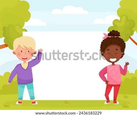 Happy Boy and Girl Kid at Empty Banner Design Vector Template