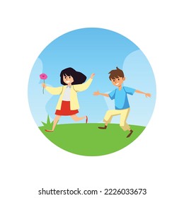 Happy boy and girl kids running across lawn flat style, vector illustration isolated on white background. Round shape, summer season, childhood. Outdoor leisure, design element