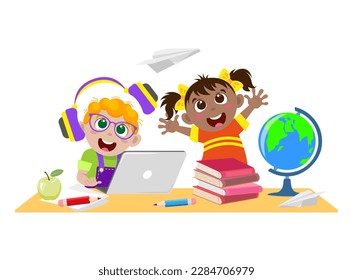 Happy boy and girl with laptop, textbooks and globe are happy to study. Vector illustration isolated on white background