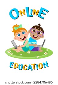 Happy boy and girl with laptops study online. Vector illustration on a white background with the inscription