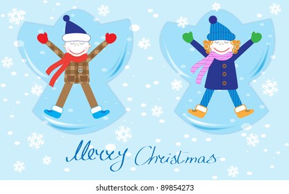 Happy Boy And Girl Making A Snow Angel.Christmas Vector Card