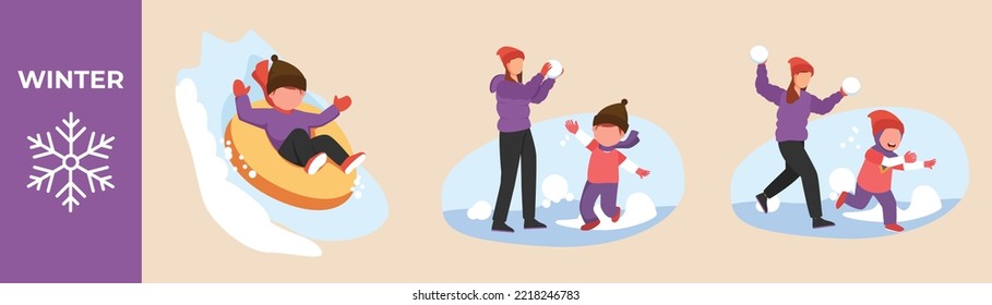 Happy boy, girl and mom playing snow  in winter. Winter activity set. Vector flat cartoon illustration of outdoor fun activities.