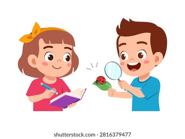 Happy boy and girl observing a ladybug on a leaf with a magnifying glass and taking notes smiling cheerfully
