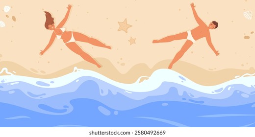 Happy boy and girl on beach sand. People in swimsuits sunbathing, lying on ocean or sea coast. Seasonal summer vacation, leisure outdoor, vector scene