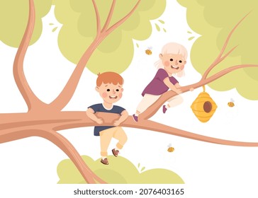 Happy Boy and Girl on Tree Branch Near Beehive Having Fun Enjoying Summer Vector Illustration