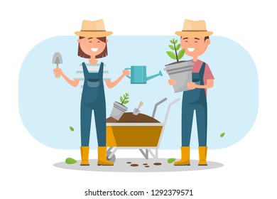 happy boy and girl planting a tree outdoors. farmer character design vector illustration.