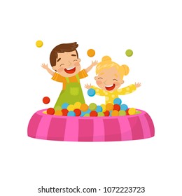Happy boy and girl playing in a ball pit, kids on a playground vector Illustration on a white background