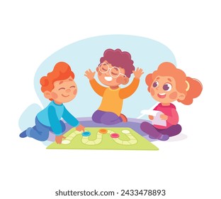 Feliz niño y niña jugando juego de mesa teniendo diversión ilustración vectorial