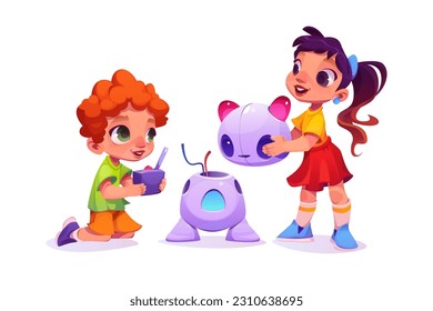 Happy boy and girl playing with cat robot isolated on white background. Vector cartoon illustration of smart kids repairing remote control toy, learning about modern technology at computer science