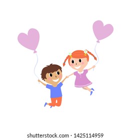 Happy boy and girl playing with colorful balloons. Jump for joy.  Funny cartoon character. Vector illustration. Isolated on white background