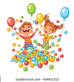 Happy boy and girl playing with colorful balls at playground. Jump for joy. Children have fun on the rides. Amusement park. Funny cartoon character. Vector illustration. Isolated on white background