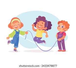 Feliz niño y niña jugando al juego saltando cuerda teniendo diversión ilustración vectorial