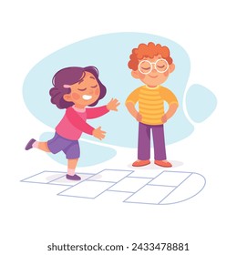 Happy Boy and Girl Playing Hopscotch Game Having Fun Vector Illustration