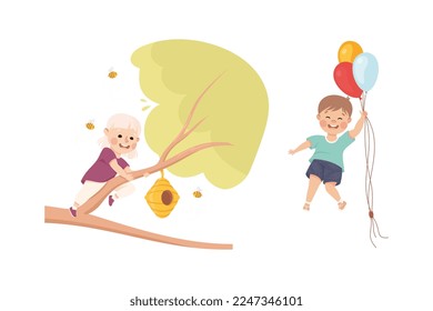 Happy Boy and Girl Playing on Tree and with Toy Balloon Having Fun Enjoying Summer Vector Set