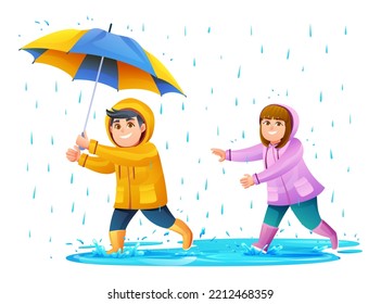 Happy boy and girl playing in the rain cartoon illustration 