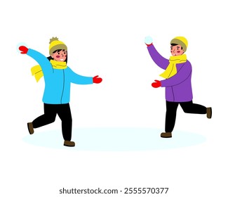 Happy boy and girl playing snowballs, Fun winter games. Vector illustrations on a white background, flat.