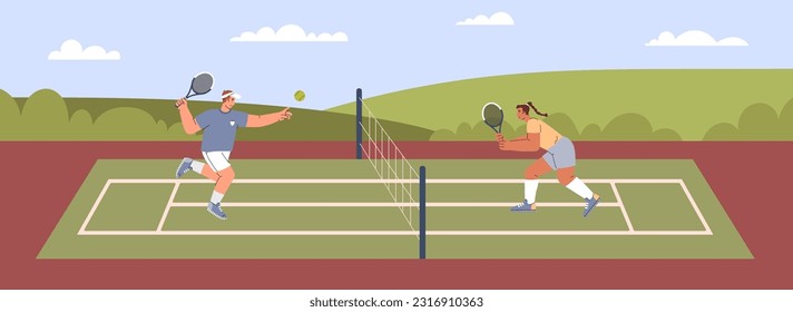 Happy boy and girl playing tennis on court flat style, vector illustration. Outdoor sport game, active lifestyle, fun and leisure. People with tennis racquets, smiling characters in special uniform