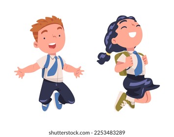 Happy Boy and Girl Pupil in Uniform with Tie and Backpack Jumping with Joy Excited About Back to School Vector Set