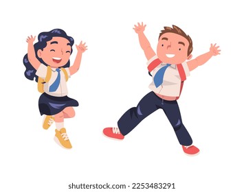 Happy Boy and Girl Pupil in Uniform with Tie and Backpack Jumping with Joy Excited About Back to School Vector Set