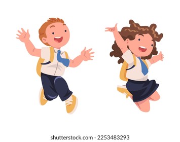 Happy Boy and Girl Pupil in Uniform with Tie and Backpack Jumping with Joy Excited About Back to School Vector Set