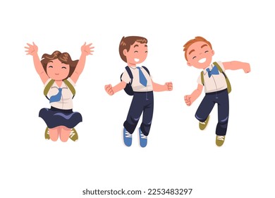 Happy Boy and Girl Pupil in Uniform with Tie and Backpack Jumping with Joy Excited About Back to School Vector Set