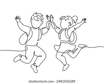 Happy boy and girl pupils with backpacks jumping. Continuous one line drawing. Vector illustration. Education and back to school concept for logo, card, banner, poster flyer