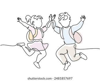 Happy boy and girl pupils with backpacks jumping. Continuous one line drawing. Vector illustration. Education and back to school concept for logo, card, banner, poster flyer