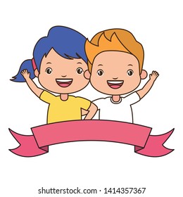 happy boy and girl ribbon kids vector illustration