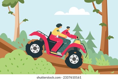 Muchacho feliz montando en quad juntos estilo plano, ilustración vectorial. Sucio y fuera de carretera, deporte y recreación extremos, ATV con ruedas enormes, recreación y carácter sonriente