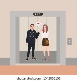 Happy boy and girl or romantic partners standing in elevator with open doors and talking to each other. Love confession inside lift stopped on floor of building. Flat cartoon vector illustration.