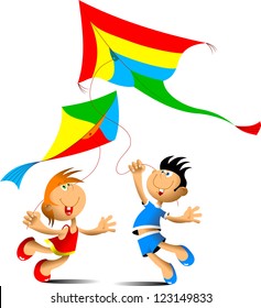 happy boy and girl running with a kite (vector illustration);